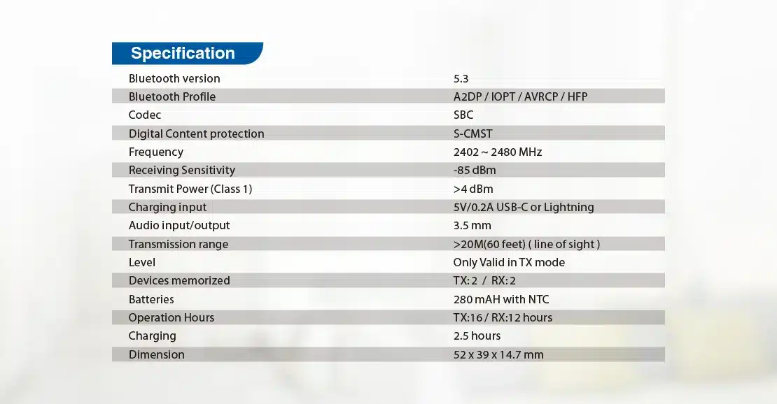 Bluetooth audio transmitter and receiver’s spec