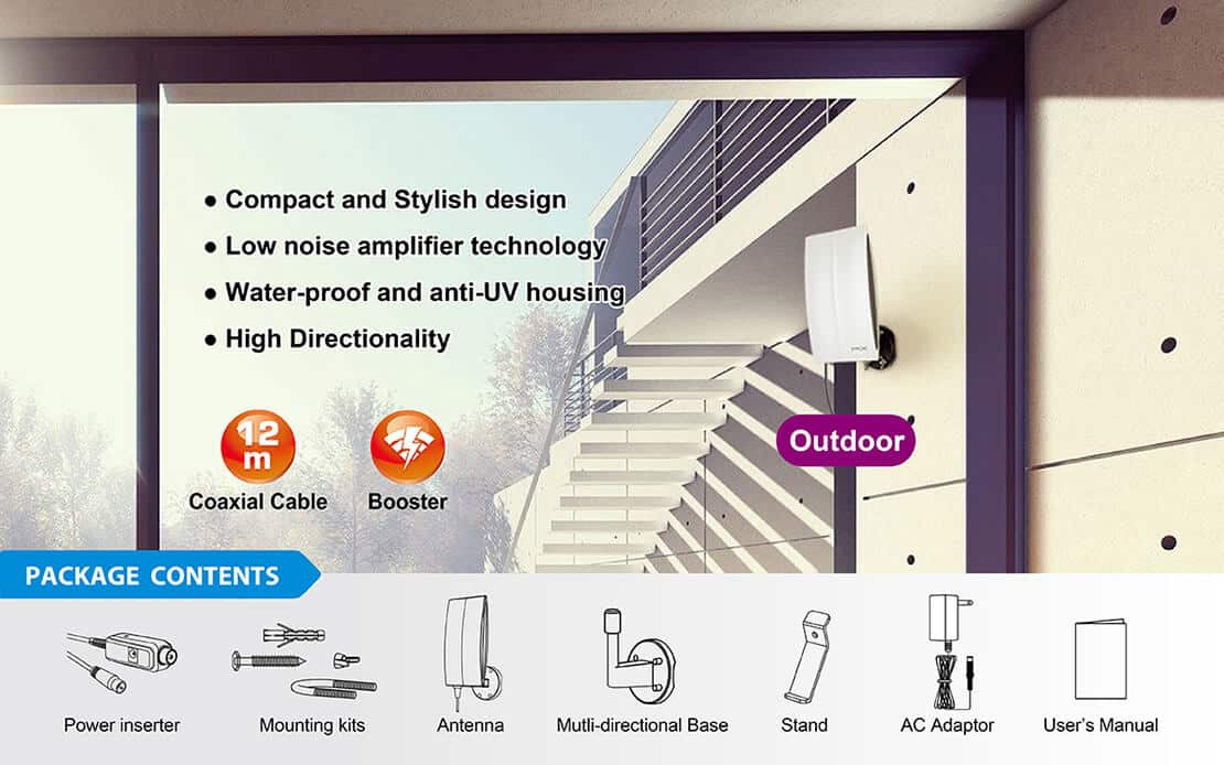 Low noise amplified digital TV outdoor antenna
