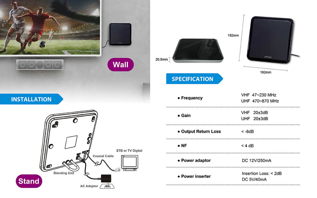 Low noise amplified digital TV antenna