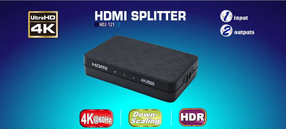 HDMI 2.0 1x2 HDMI splitter: 1 input 2 outputs, UltraHD 4K, auto downscaling