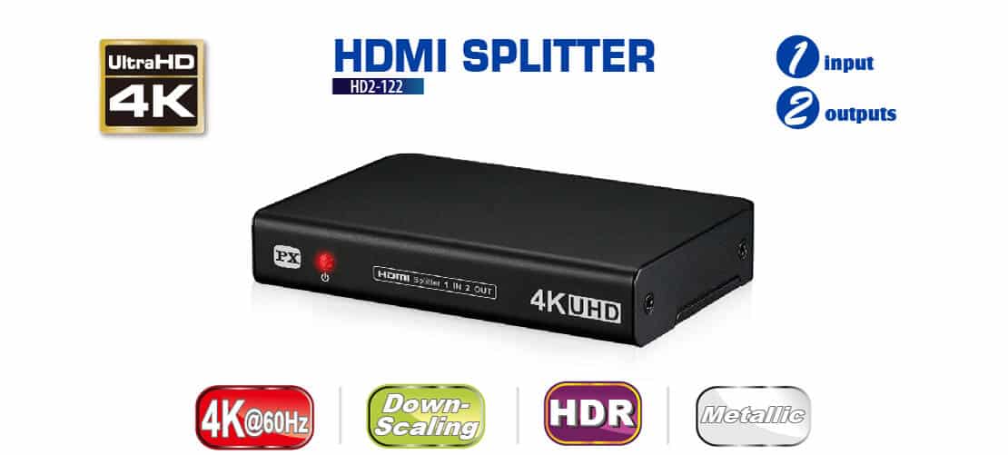 HDMI 2.0 1x2 HDMI splitter: 1 input 2 outputs, UltraHD 4K, auto downscaling