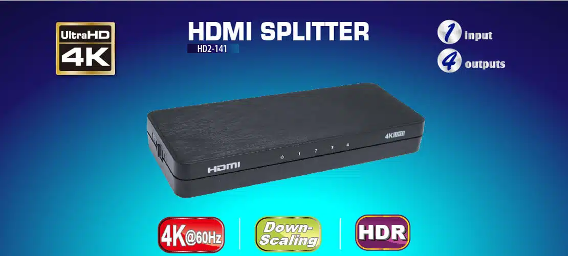 HDMI 2.0 1x4 HDMI splitter: 1 input 4 outputs, UltraHD 4K, auto downscaling