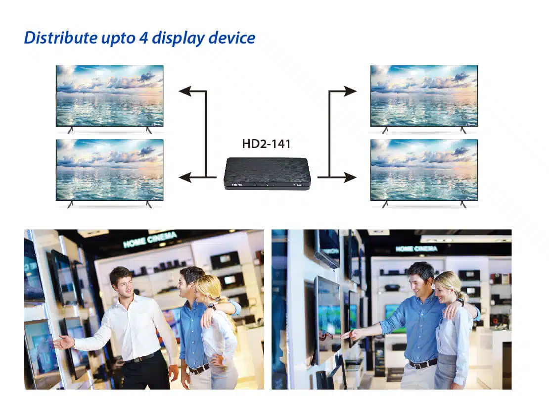 HDMI 2.0 1x4 HDMI splitter: 1 input 4 outputs, UltraHD 4K, auto downscaling