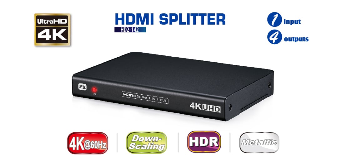 HDMI 2.0 1x4 HDMI splitter: 1 input 4 outputs, UltraHD 4K, auto downscaling