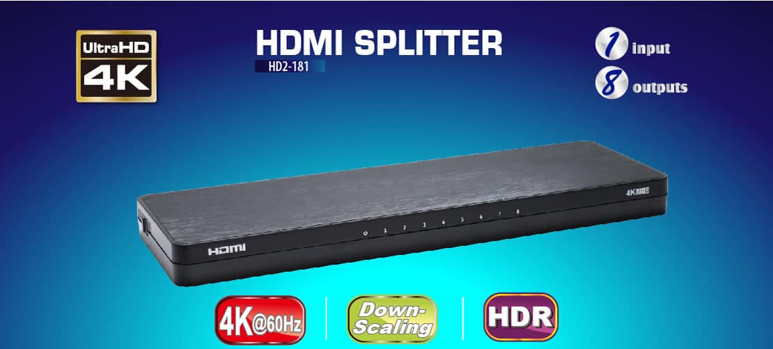 HDMI 2.0 1x8 HDMI splitter: 1 input 8 outputs, UltraHD 4K, auto downscaling