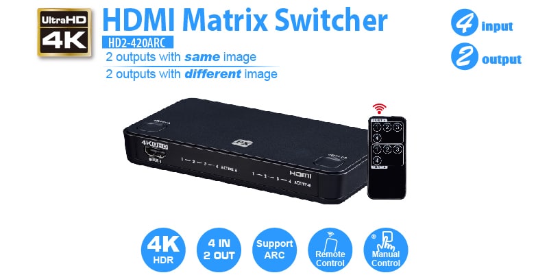 HDMI 2.0 4K60Hz HDMI matrix 4 inputs 2 outputs 18G UltraHD with ARC & HDR supported - IR remote control