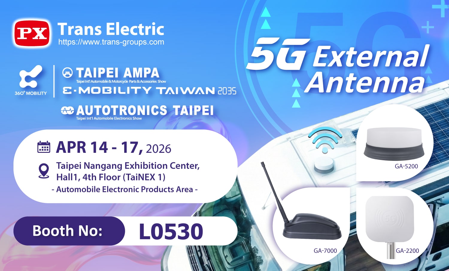 Trans Electric 5G external antenna banner for Taipei AMPA 2026, showcasing GA-5200, GA-7000, and GA-2200 at Booth L0530.